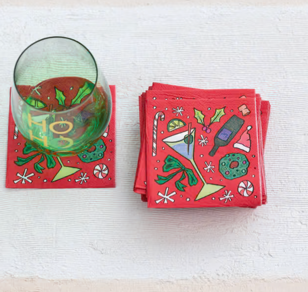 4" Red Paper Cocktail Napkins w/ Holiday Cocktails