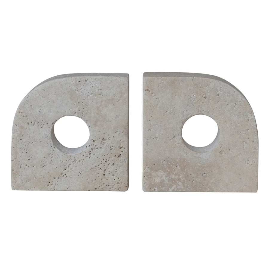 Travertine Bookends w/ Circle Cut-Outs, Set of 2