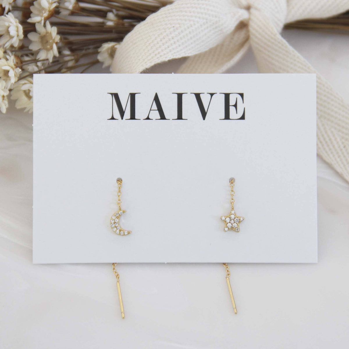 Pave Moon and Star Threader Earrings
