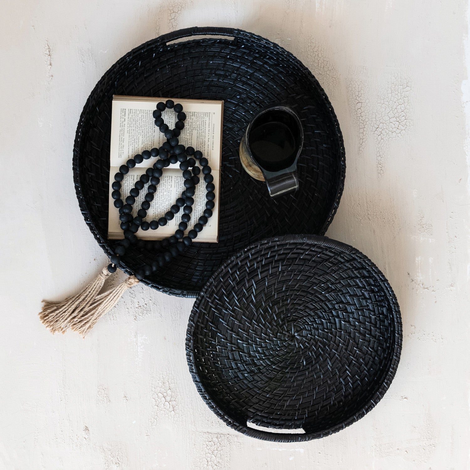 Black Hand-Woven Bamboo Trays Set