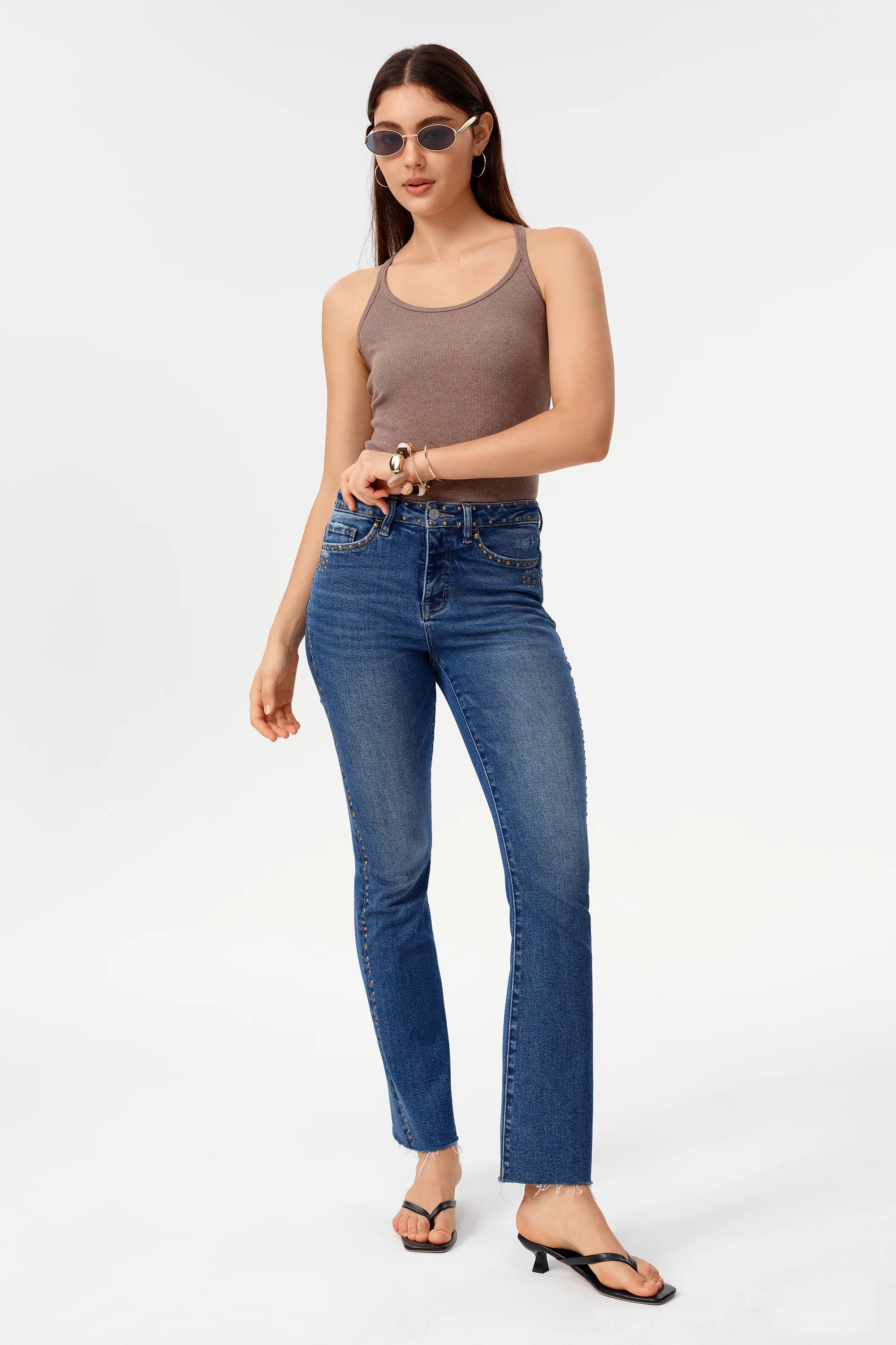 Rivet Embellished High Rise Bootcut Jeans