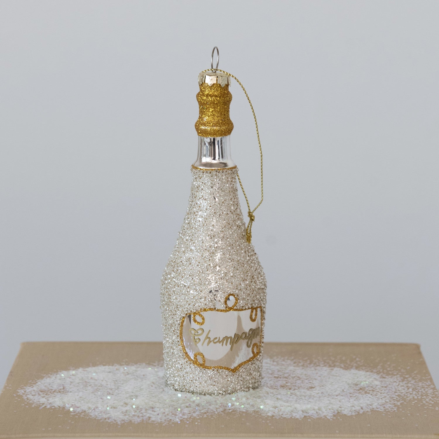 Gold & Silver Glitter Glass Champagne Bottle Ornament, 6"