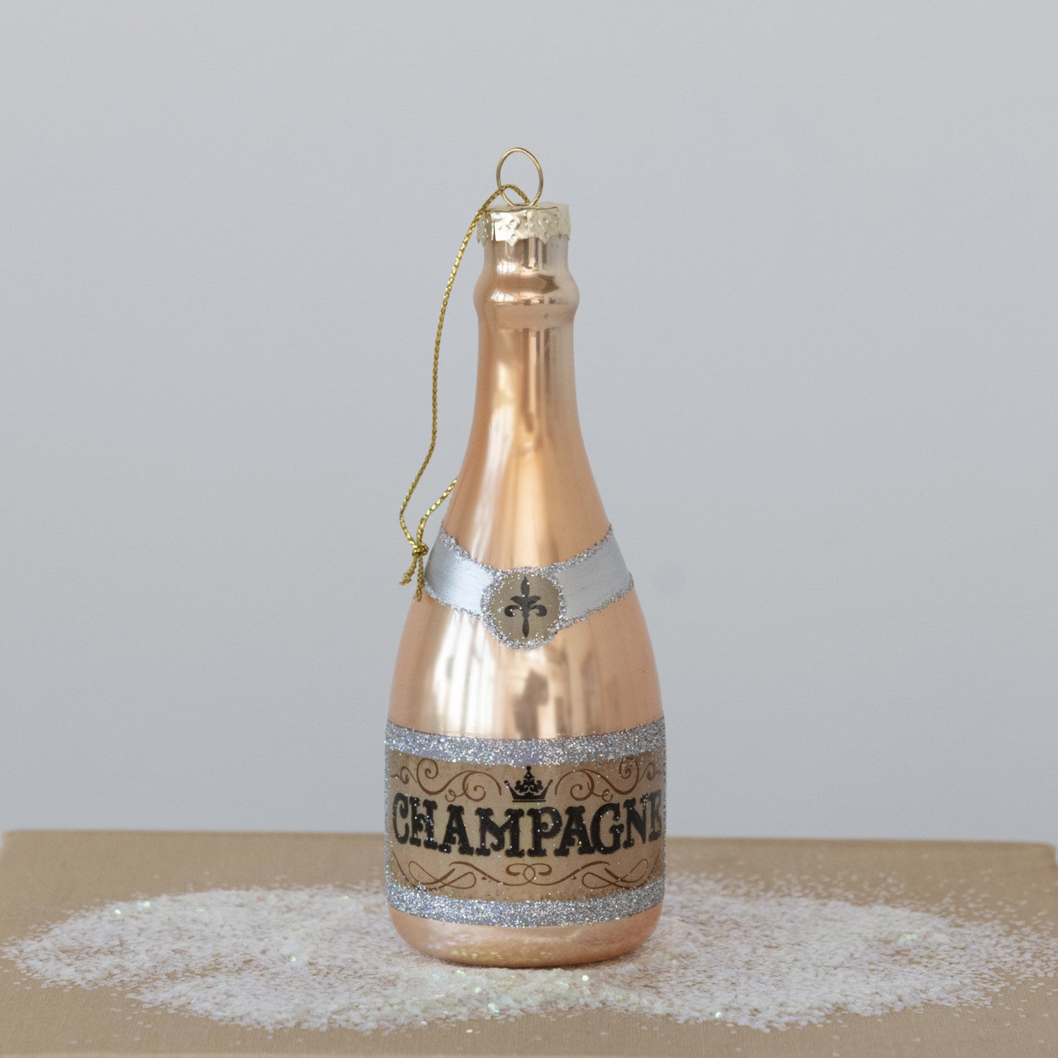 Rose Gold Glass Champagne Bottle Ornament w/ Glitter, 5-1/2"