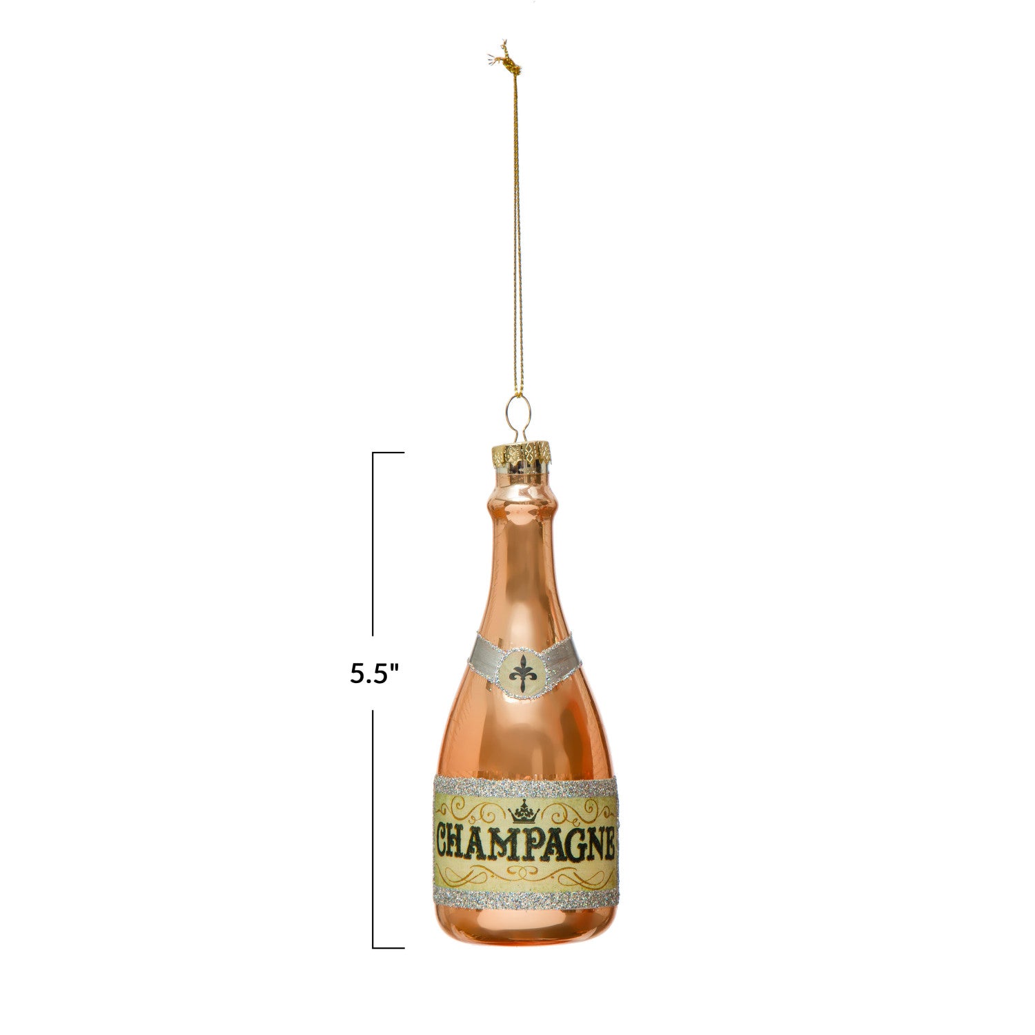 Rose Gold Glass Champagne Bottle Ornament w/ Glitter, 5-1/2"