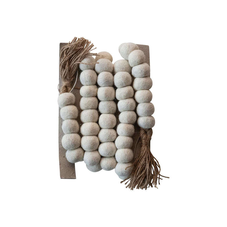 Handmade Cream Wool Ball Garland w/ Jute Tassels