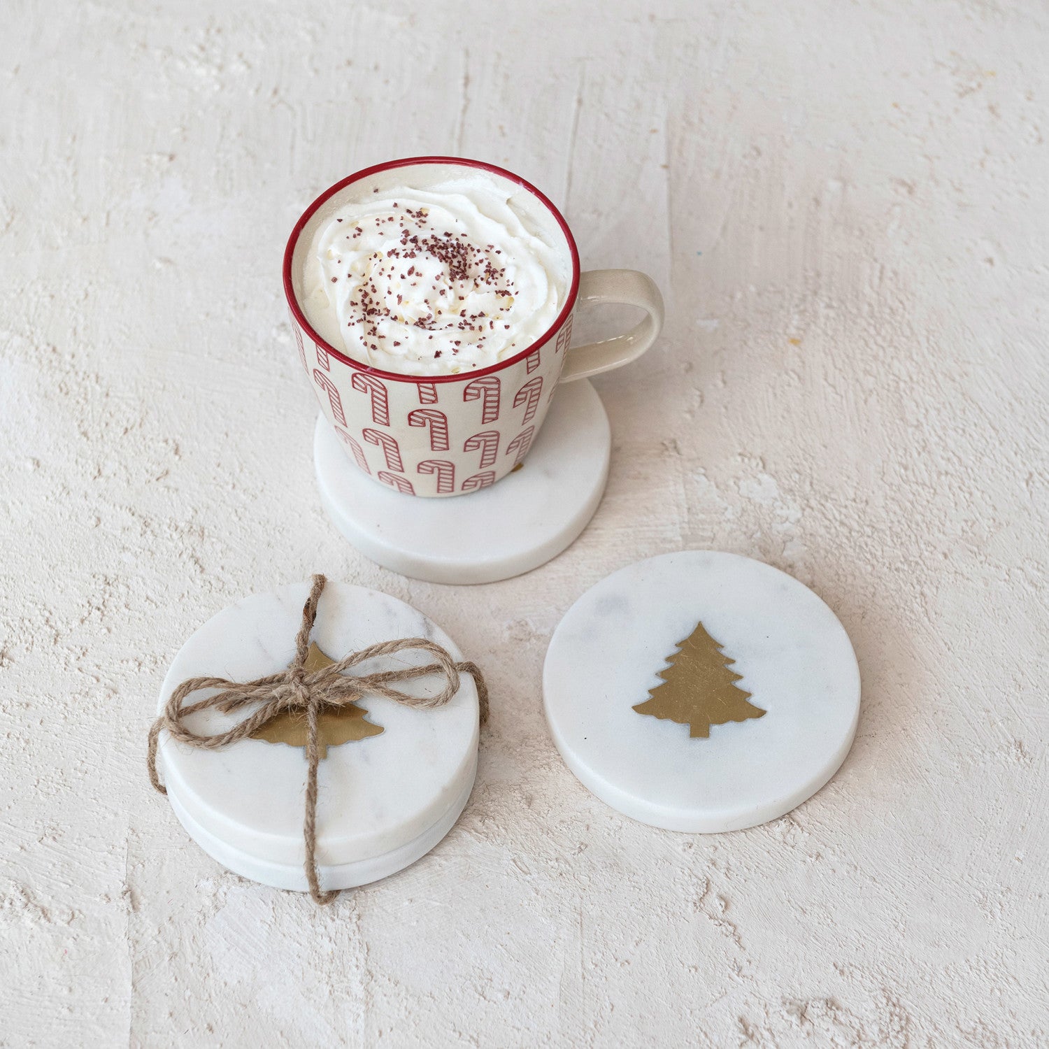 White Marble Coasters w/ Brass Tree Inlay, Set of 4