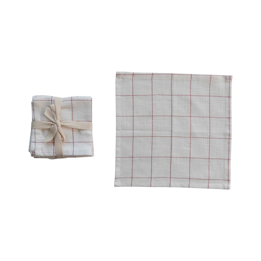 Cotton Cocktail Napkins w/ Metallic Red Grid Pattern, Set of 4