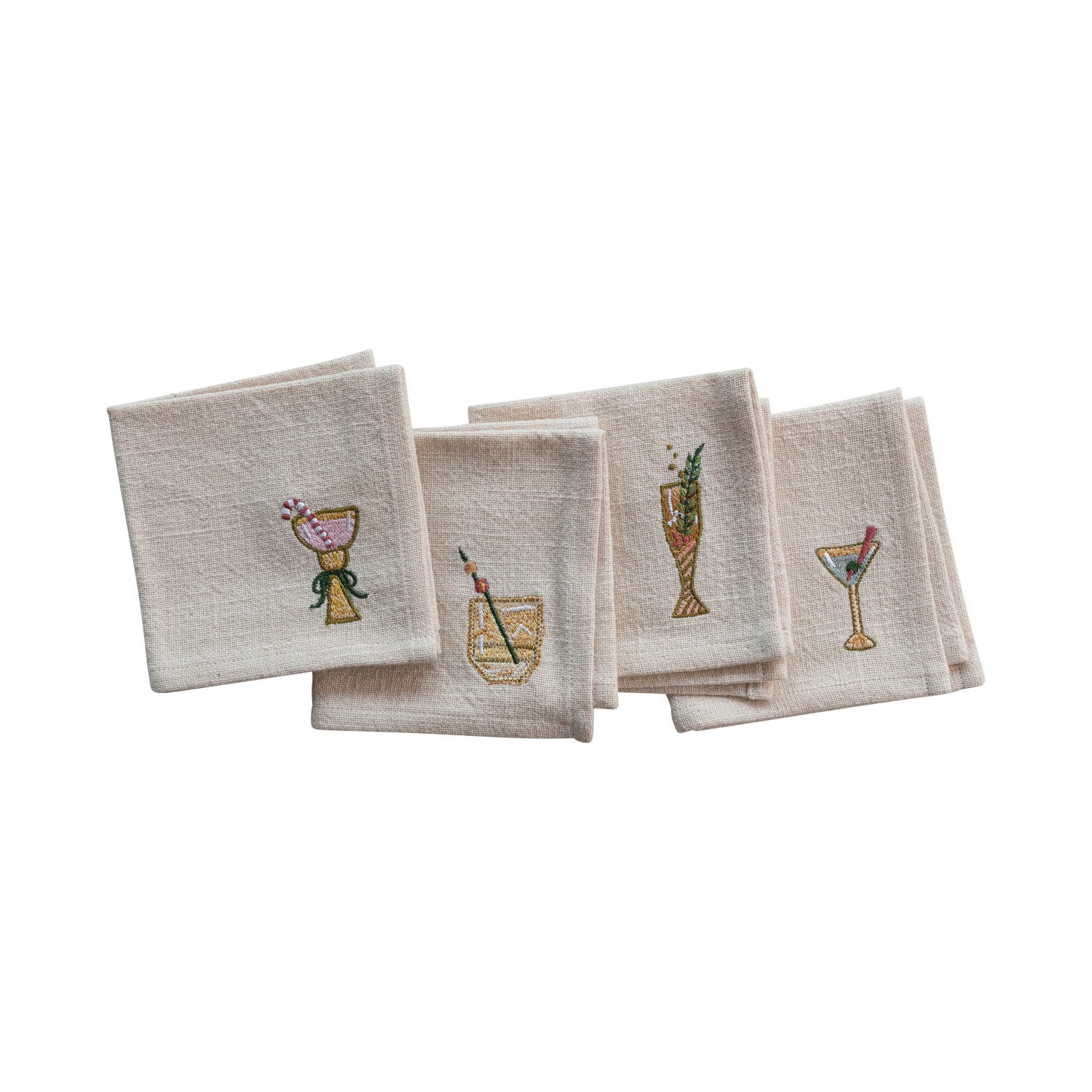 Cotton Cocktail Napkins w/ Embroidered Holiday Cocktails, Set of 4