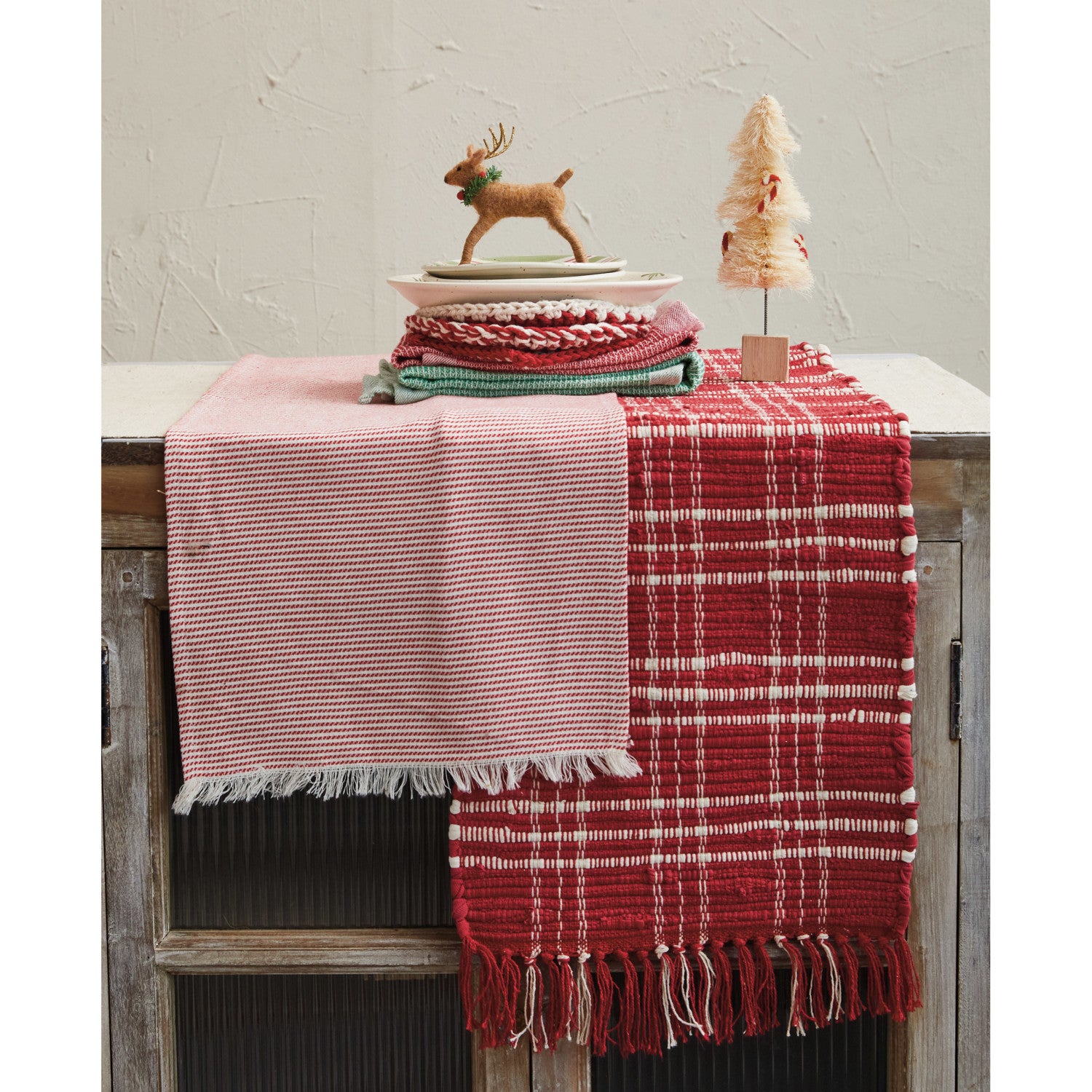 Woven Cotton Table Runner w/ Red & White Stripes,  Fringe Edge