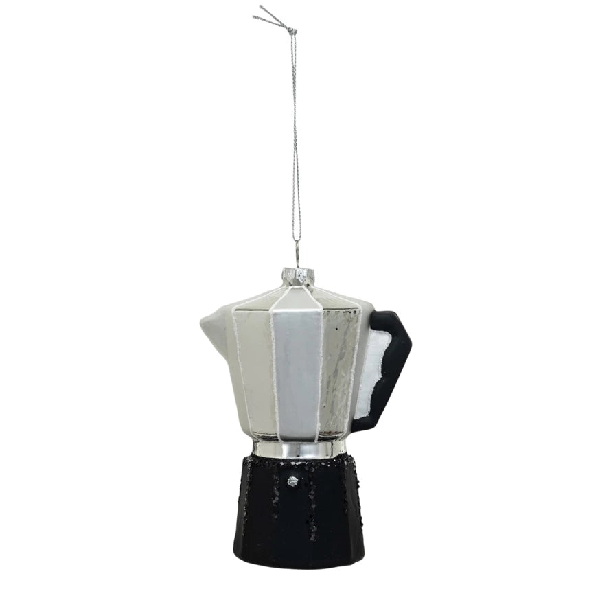 Glass Espresso Pot Ornament, Black & Silver Finish