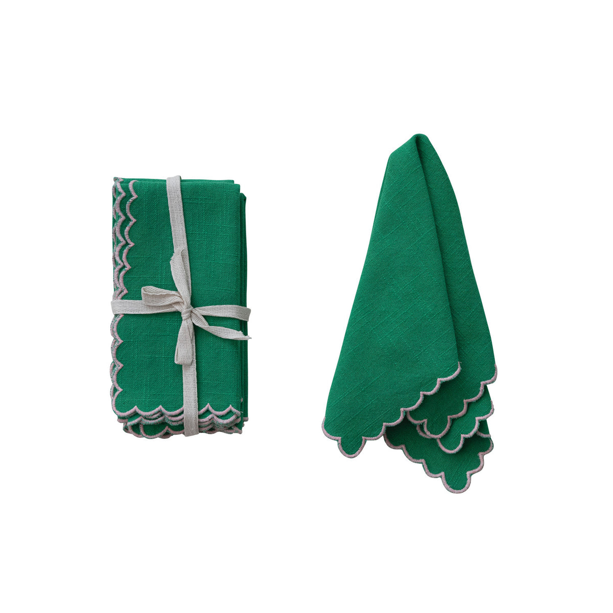 Cotton Scalloped Napkins w/ contrast stitched edges, S/4
